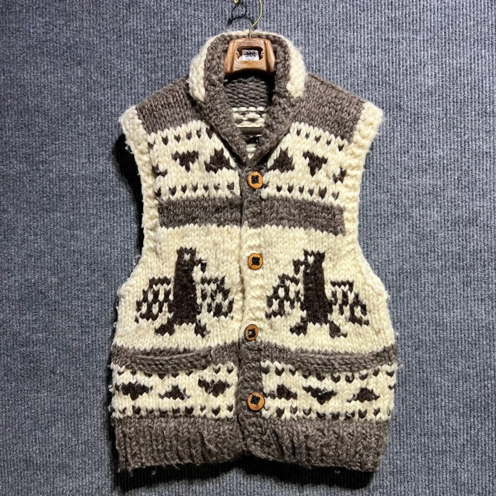 Vintage Cowichan Wool Vest Mens M Brown Eagle Thunderbird Hand Knit Canada
